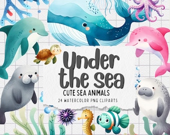 Under the Sea Watercolor Clipart - 24 Collection Cute Ocean Animals PNG Set Cute Ocean Animals PNG, Baby Shower, Octopus, Jellyfish, Whale