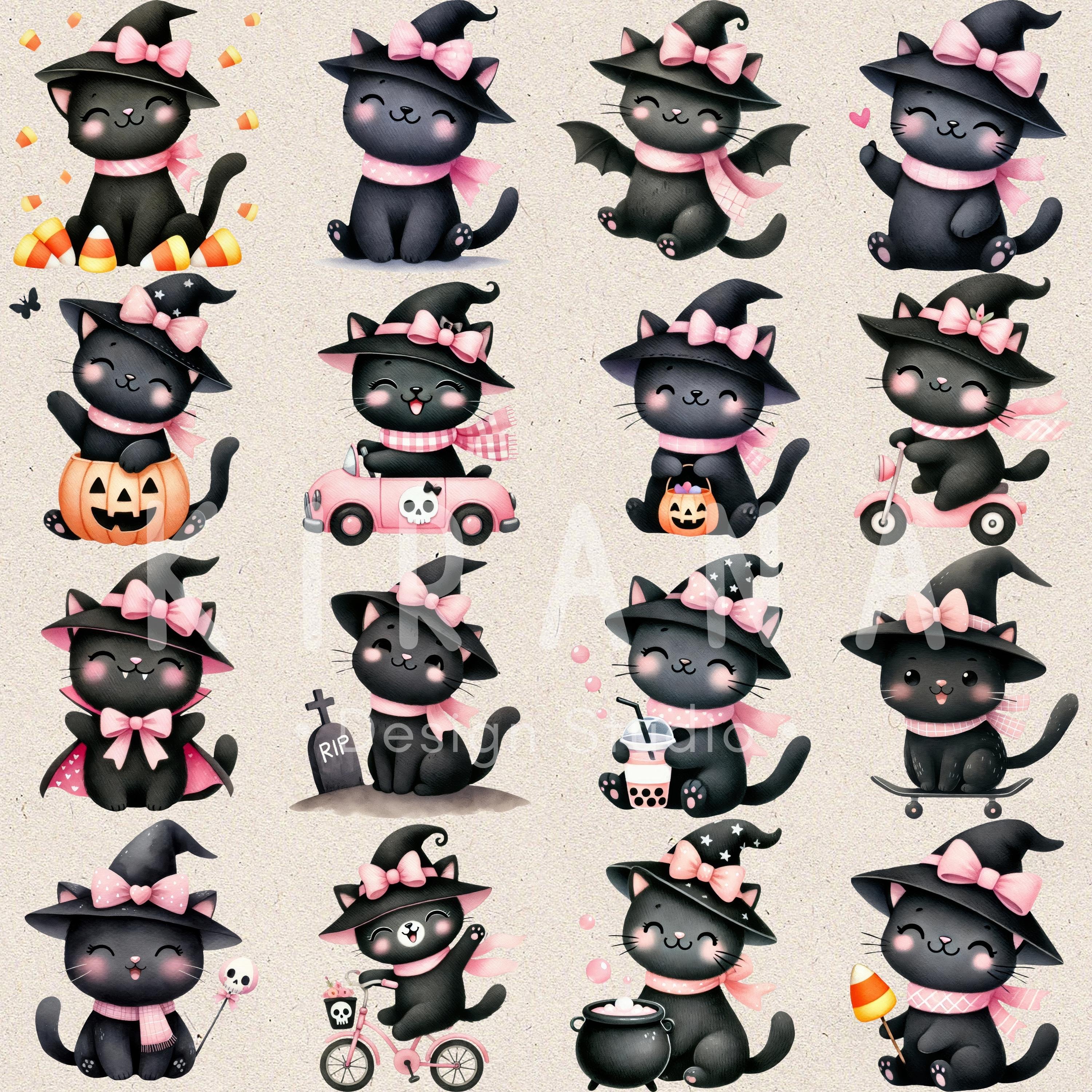 29 Black Cat Watercolor Clipart Set | Cute Halloween Witch Cats ...