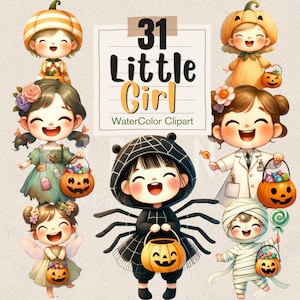 ハロウィーンの小さな女の子のクリップアートセット A - かわいい漫画のキャラクター、デジタルダウンロード、カボチャ、魔女、幽霊、ミイラ、秋の装飾
