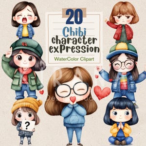 Cute Chibi Girl Clipart Set - 20 PNG Elements, Adorable Chibi Characters for Scrapbooking, DIY Crafts, and Stickers