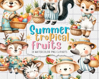 Watercolor Summer Animals Clipart: Tropical Fruits PNG (Instant Download)