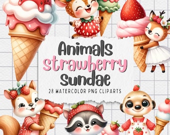 Sweet Friends Ice Cream Series - Adorable Animal PNGs | Animals  strawberry sundae - Perfect for Crafts & Decor - Instant Download