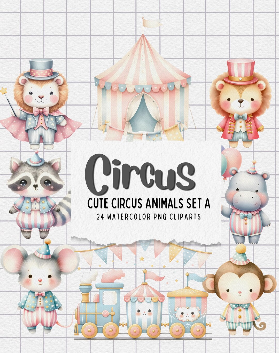 Circus Animals Watercolor Clipart: Party Decor PNG Set (digital ...