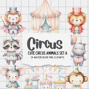 Circus Watercolor Clipart PNG Set A - Adorable Animals and Cheerful Elements for Party Invitations and Decor