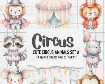 Circus Animals Watercolor Clipart: Party Decor PNG Set (Digital Download)