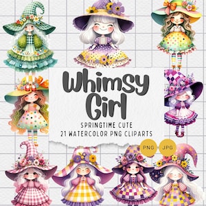 Enchanted Spring Girls Clipart - 21 Whimsical Watercolor PNGs | Gnome watercolor | Spring Clipart | Whimsy Girls