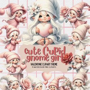 Cute Cupid Gnome girl,  Valentine, Gnome Watercolor, Valentines PNG Designs, Clipart for kids, Valentine Love PNG, Valentines