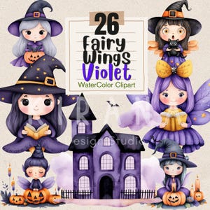 Conjunto de 26 imágenes prediseñadas de alas de hadas violetas / Lindas hadas y brujas de Halloween / Descarga digital