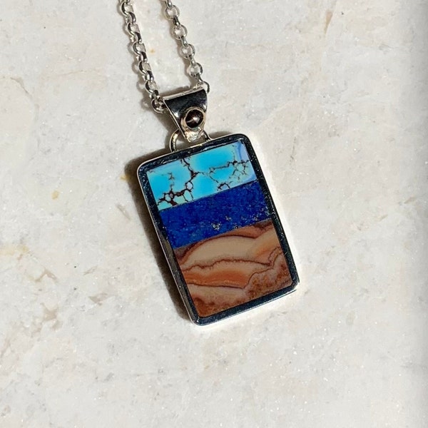 New Mexico Desertscape Inlay Pendant, Night Sky Inlay Pendant, One of a Kind Southwestern Jewelry, Sterling Silver, 14KG, Turquoise, Lapis