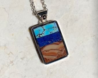 New Mexico Desertscape Inlay Pendant, Night Sky Inlay Pendant, One of a Kind Southwestern Jewelry, Sterling Silver, 14KG, Turquoise, Lapis