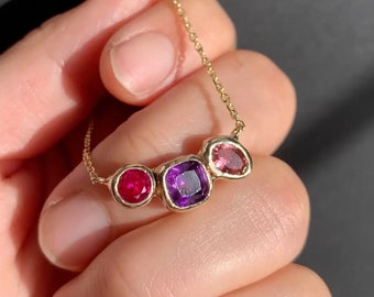 14K Solid Gold Necklace, Ruby Amethyst Tourmaline, Gold Jewelry, Made in USA