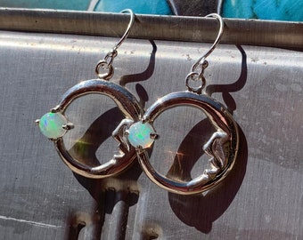 Crescent Moon Earrings, Opal Earrings, Opal Jewelry, Made in USA