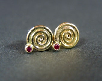 Solid 14KG Spiral Stud with Ruby (Single), Simple ruby stud earrings, Made in USA