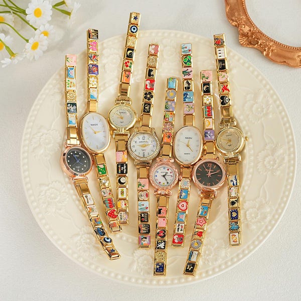 Custom Gold Italian Charm Watch Bracelet, Modular Link Enamel Wristwatch, Stackable Bangle Bracelet, Friendship Gift for Women