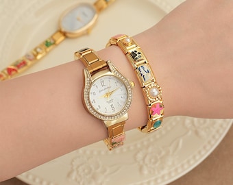 Individuell gestaltete modulare italienische Charm-Uhr, Vintage-Armband mit italienischen Charms, goldenes Uhrenarmband für Damen, handgefertigter Schmuck