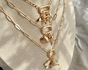 Custom Multi Charms Necklaces for Women, Gold Carabiner Necklace, Adjustable Personalized Chunky Jewelry, Valentine&#39;s Day Gifts for Her