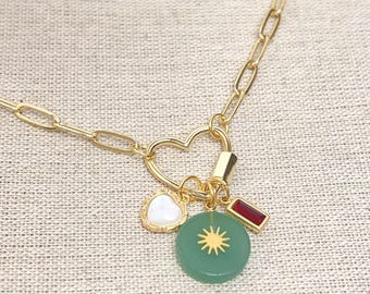 Build Your Own Charm Necklaces for Women, Custom Heart Carabiner Charm Necklace, Pick Your Charms, Personalized Gold Vintage Charm Necklace