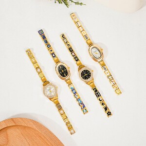 Personalized Italian Charm Watch, Stainless Steel Plated Stackable Link Watch, Enamel Charm Bracelet Watch, Custom Watch Band, Gift for Her