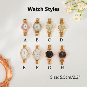 May include: Eight gold-coloured wristwatches with different face designs, including round and oval shapes. The watches are labelled A to H, with the size of the watches listed as 5.5cm/2.2 inches.