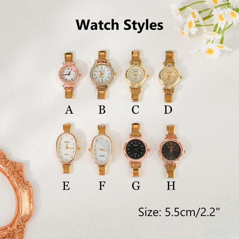 May include: Eight gold-coloured wristwatches with different face designs, including round and oval shapes. The watches are labelled A to H, with the size of the watches listed as 5.5cm/2.2 inches.