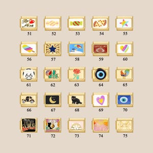 May include: A set of 75 gold-toned charm bracelets with various colorful enamel designs. The charms feature images such as hearts, stars, candy, ice cream, a rooster, a car, a cat, a moon, an eye, a rose, a road sign, and more.