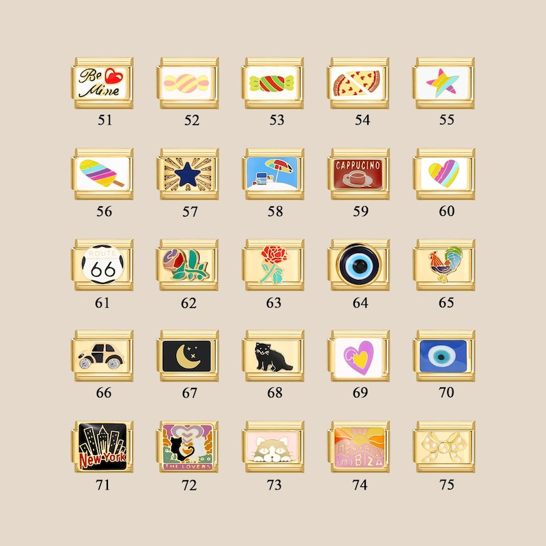 May include: A set of 75 gold-toned charm bracelets with various colorful enamel designs. The charms feature images such as hearts, stars, candy, ice cream, a rooster, a car, a cat, a moon, an eye, a rose, a road sign, and more.