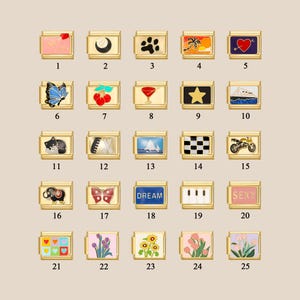 May include: Twenty-five gold-toned charms with various enamel designs. The charms feature images such as a butterfly, a sailboat, a paw print, a star, a heart, a cherry, a martini glass, a checkered flag, a motorcycle, a cat, a piano, a sunflower, a tulip, and more.