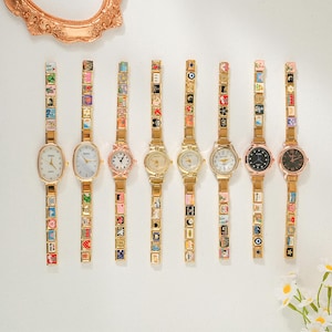 Gold Italian Charm Watch Bracelet, Custom Italy Charm Wristwatch, Handmade Colorful Bangle Bracelet, Bridesmaid Gift image 3