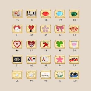 May include: A set of 100 gold-toned charms with various designs, including hearts, stars, animals, and words. The charms are arranged in a grid pattern on a white background.