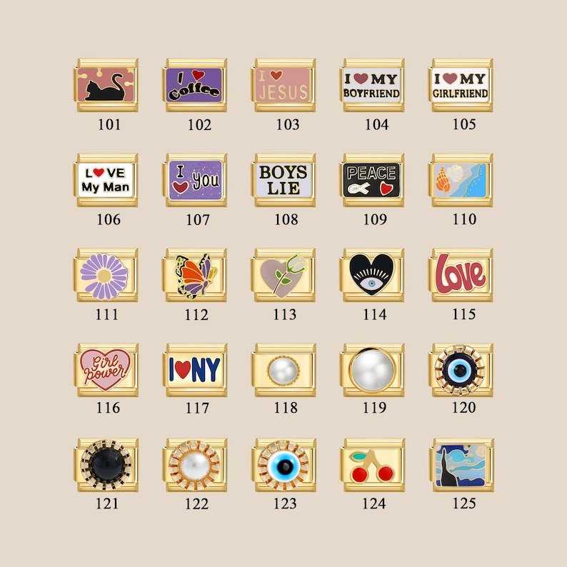 May include: A set of 25 gold charm bracelets with various colorful designs, including hearts, butterflies, flowers, and text. The charms are arranged in a grid pattern on a white background.