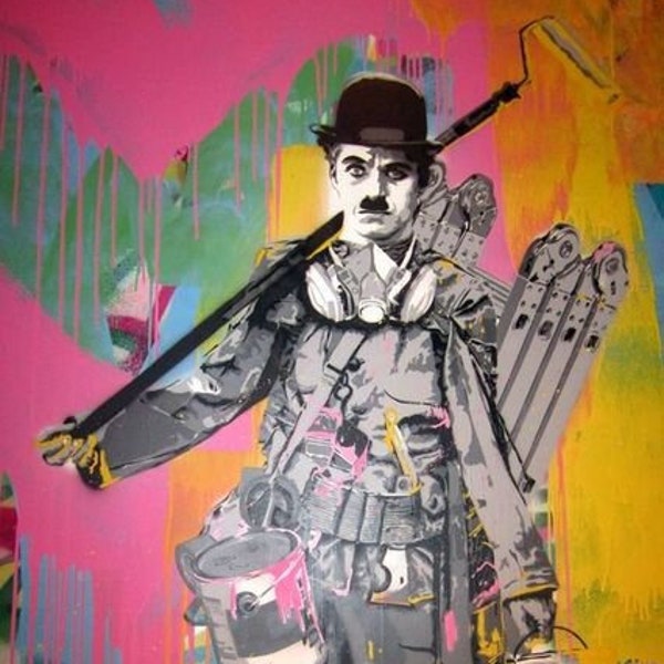 Magnifique tableau de Charlie Chaplin tagguer et graffitis