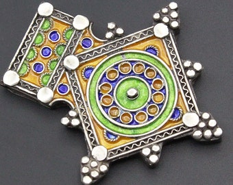 Vintage Moroccan Tuareg Pendant, Sterling Silver Pendant, Colorful Enamel Workmanship Pendant, Berber Jewelry, Moroccan Jewelry,