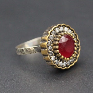 Turkish Jewelry, Turkish Sterling Silver & Bronze Ring, Round Ruby, Zircon Beads Ring, Size 6US, Fashion Jewelry