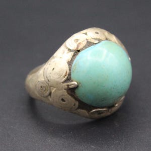 Vintage Afghan Turquoise Ring: Handmade Tribal Silver Jewelry, Size 8.5