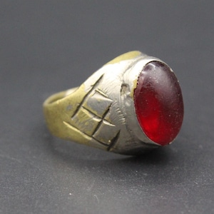 Afghan Kuchi Ring: Red Glass Stone, Adjustable Belly Dance Jewelry Size 7.5
