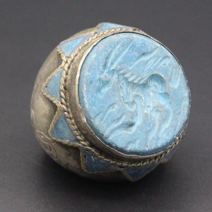 Vintage Afghan Kuchi Ring: Deer Intaglio Turquoise Stone, Size 8US