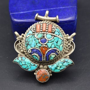 Tibetan Nepalese Pendant, Turquoise & Coral Stones Pendant, Unique Shape Alpaka Pendant, Costuming Tribal Pendant,