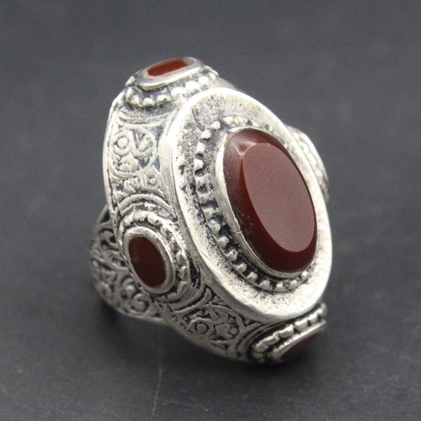 Afghan Rings, Carnelian Stones Tribal Ring, Kuchi Carved Ring, Long Alpaka Ring, Boho Bellydance Ring, Enamel Ring,Afghan Jewelry Size 8.5US