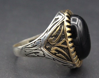 Turkish Ottoman Onyx Stones 925K Sterling Silver & Bronze Ring, Adorable Unique Design Ring, Size 10.5US, Sizes are Available
