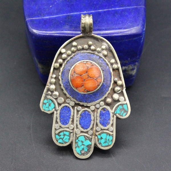 Nepalese Tibetan Hamsa Pendant, Coral Beads Hand Of Fatima Pendant, Inlay Turquoise & Lapis Lazuli Beads Hamsa Pendant, Tribal Pendant,