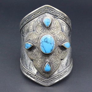 Vintage Cuff Bracelet, Boho style Tribal Adjustable Turquoise Stones Cuff Bracelet, Boho Cuff Bracelet, Ethnic Tribal Carved Bracelet,