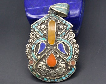 Pendentif En Lapis-lazuli Fait Main Népal - Bijou Ethnique Bohème Plaque Argentée 1,9 Pouces