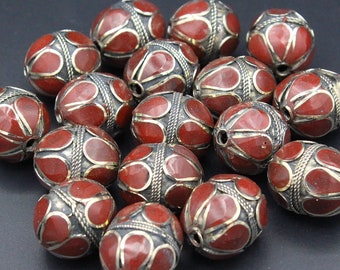 24 x 21mm 1PC Afghan Turkman Alpaka Perline, Perline di danza del ventre, Perline di smalto rosso, Perline per costumi, Creazione di gioielli, Perline a sfera rotonde,