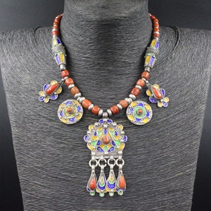 Berber Kabyle Necklace: Sterling Silver, Coral & Enamel Moroccan Pendant