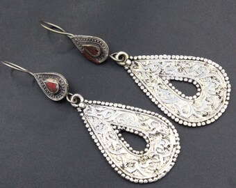Handcrafted Afghan Alpaka Teardrop Earrings: Tribal Costume Jewelry