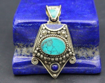 Nepalese Pendant, Tibetan Alpaka Pendant, Turquoise Beads Pendant, Colorful Pendant, Locket Charm Pendant Necklace,