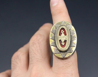 Großer kasachischer ethnischer Ring, Glasperlenring Gold gewaschen, Bauchtanz Tribal Ring Größe 9US, kasachischer Schmuck, Geschenkringe,