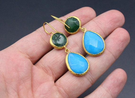 Turkmen Earrings, Gold Color Earrings, Colorful C… - image 6