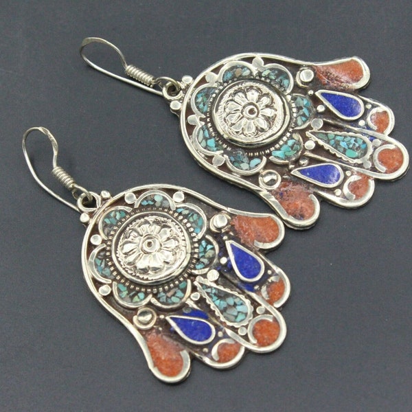 Nepalese Tibetan Turquoise & Coral Stones Hand Of Fatima Earrings, Hamsa Costuming Jewelry, Mosaic Ethnic Earrings