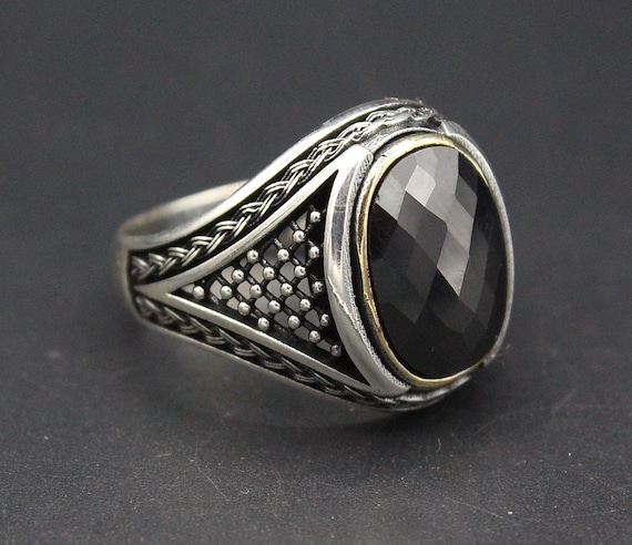 925K Sterling Silver Turkish Onyx Stone Ring, Car… - image 1